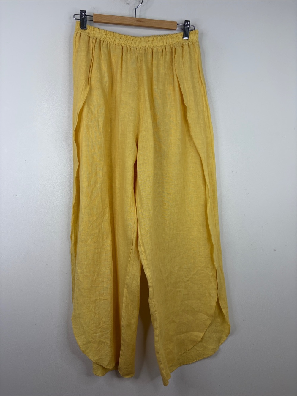 Linen Pants Womens One Size Medium Yellow Wide Leg Side Split Made in Italy - Picture 1 of 12